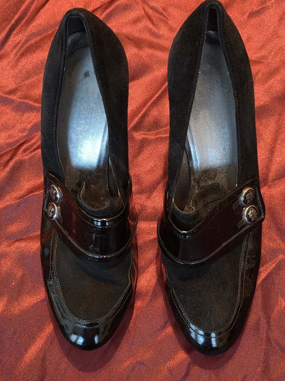 Coach Neley Black Suede and Patent Leather Button Detail Pumps Size 9B